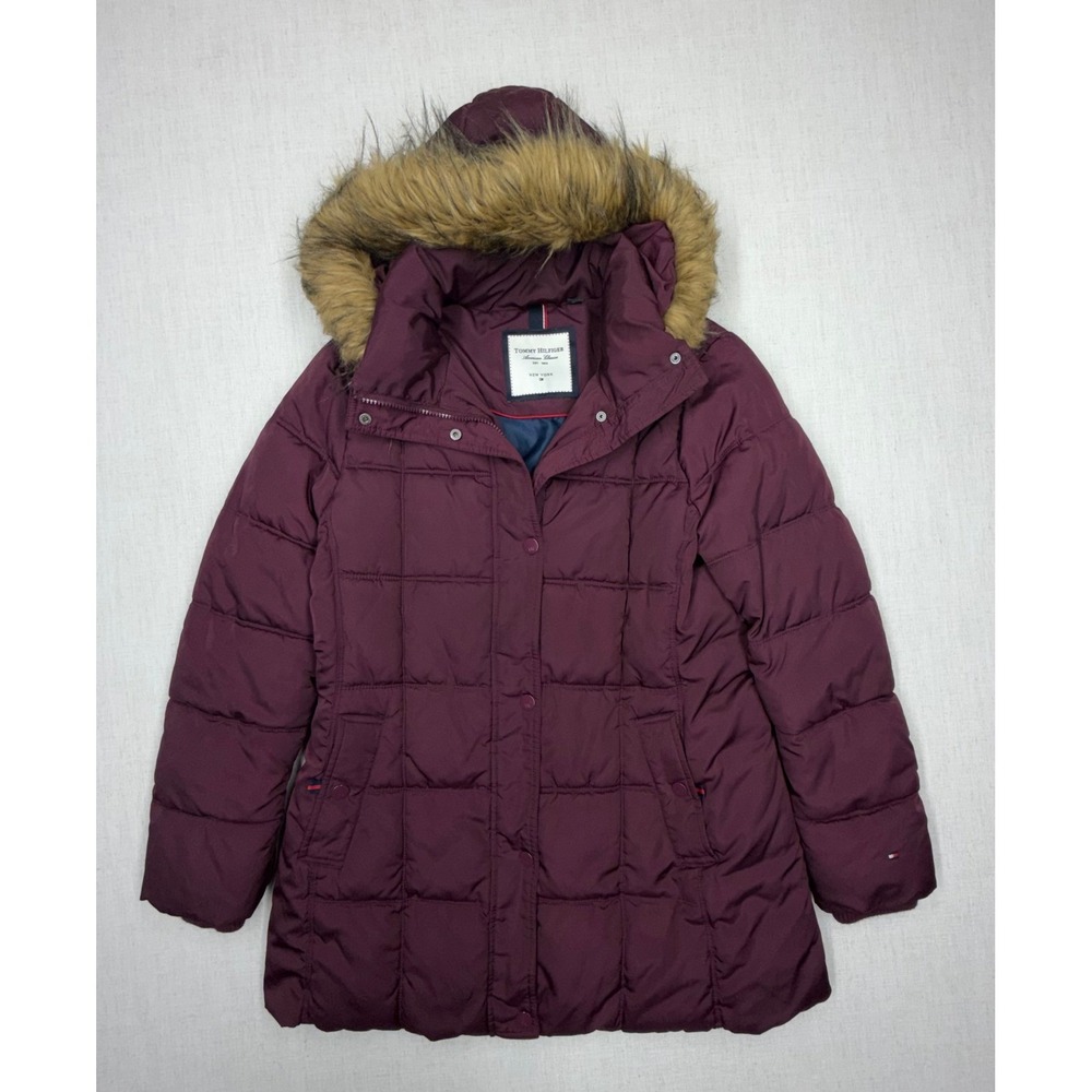 Tommy Hilfiger Womens Burgundy Puffer Jacket Faux Fur Hood Coat Size L